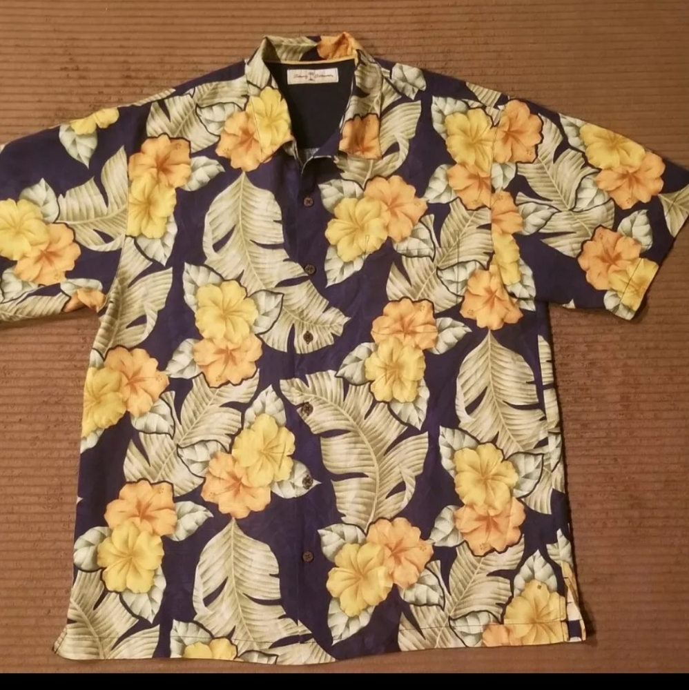 TOMMY BAHAMA MENS LARGE BLACK FLORAL 100% SILK SHIRT EX USED COND HAWAIIAN